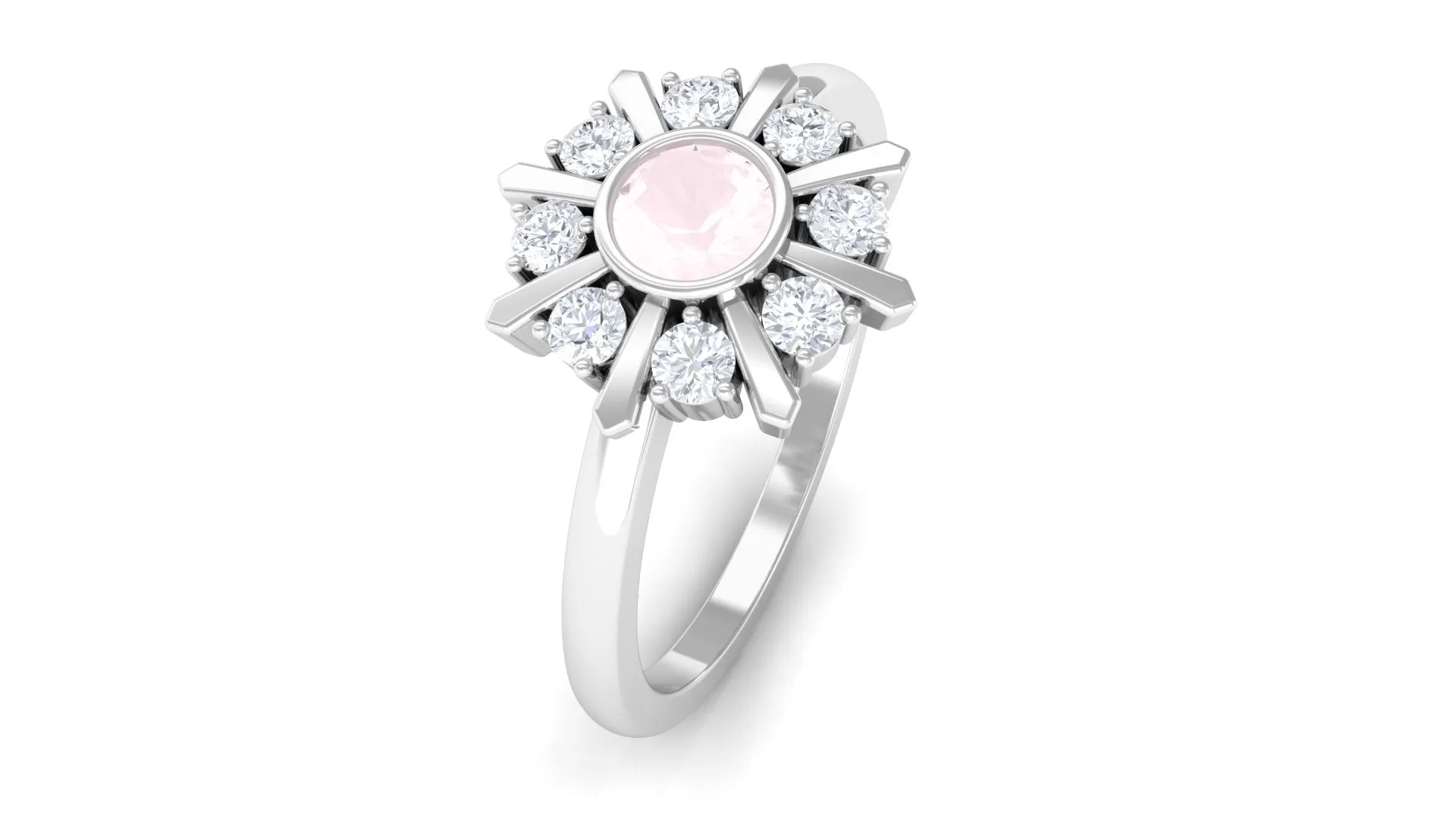 0.50 CT Real Rose Quartz Statement Ring with Diamond Stones