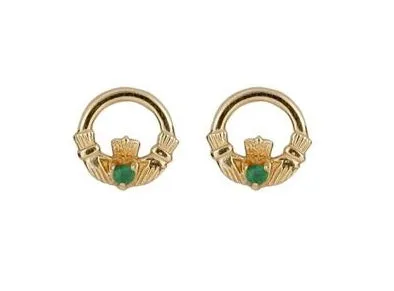 10ct Yellow Gold Emerald Claddagh Stud Earrings