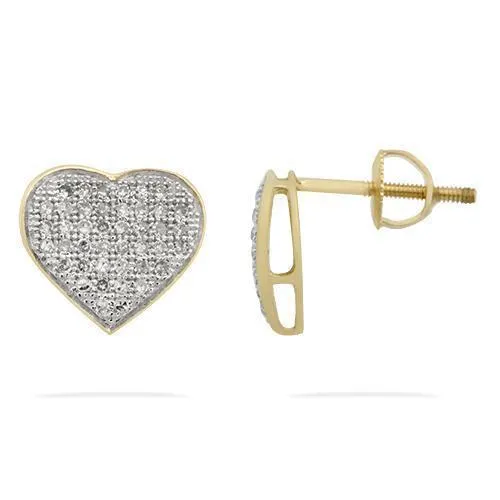 10k Yellow Gold Pave Diamond Heart Earrings in Screw Back 0.27 Ctw