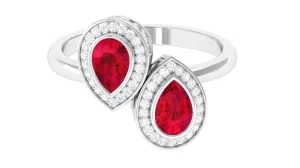 1.25 CT Pear Cut Created Ruby Toi et Moi Engagement Ring with Diamond