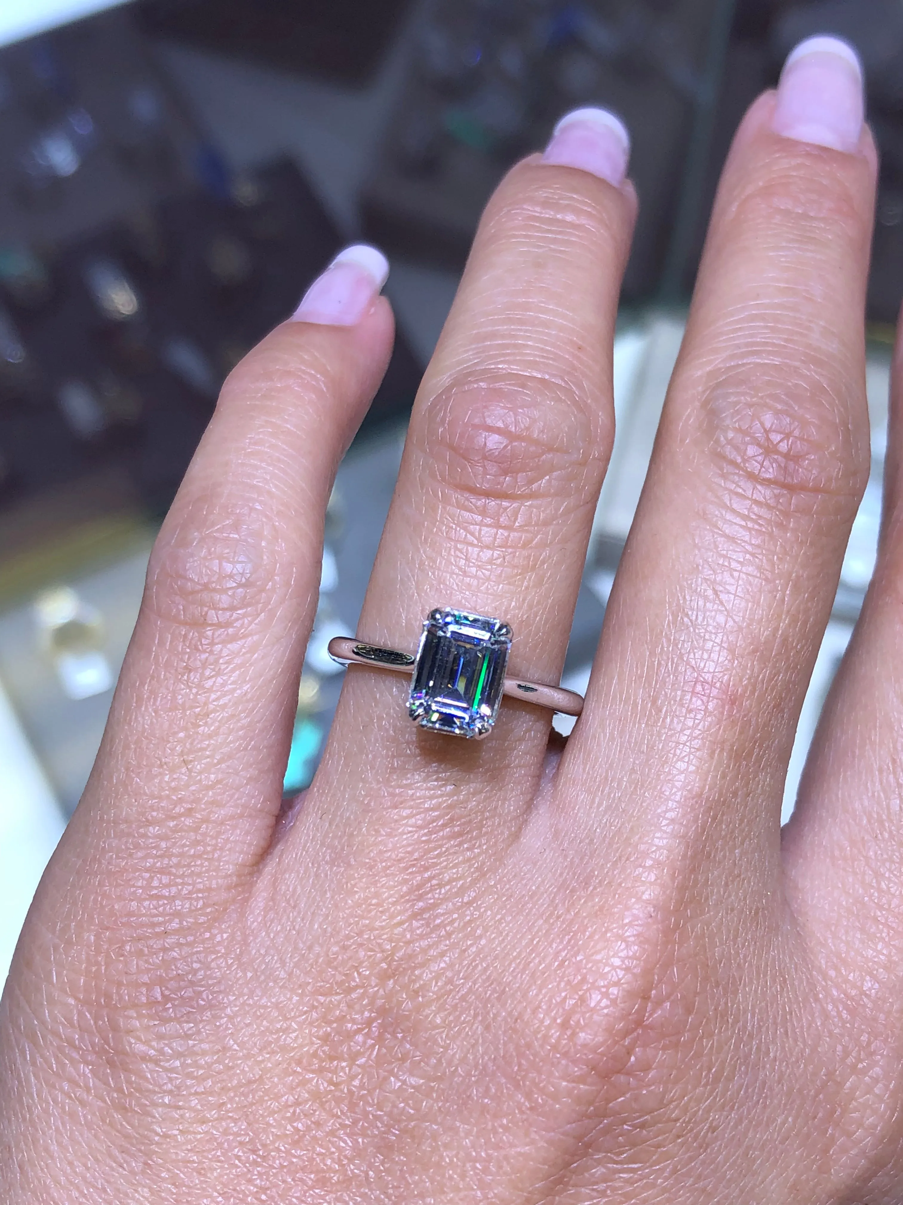 14k Gold Emerald Cut Natural Diamond, Baguette Under Halo Engagement Ring