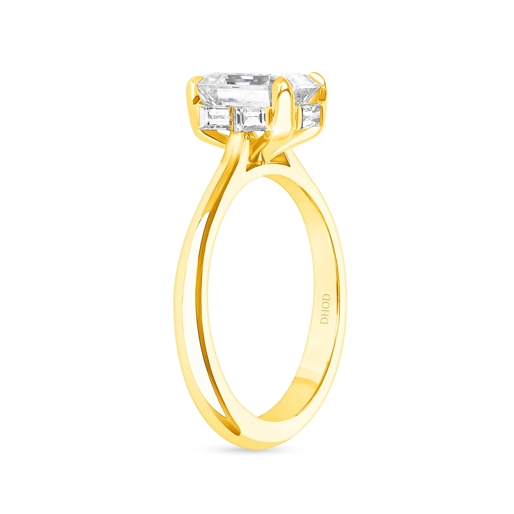 14k Gold Emerald Cut Natural Diamond, Baguette Under Halo Engagement Ring