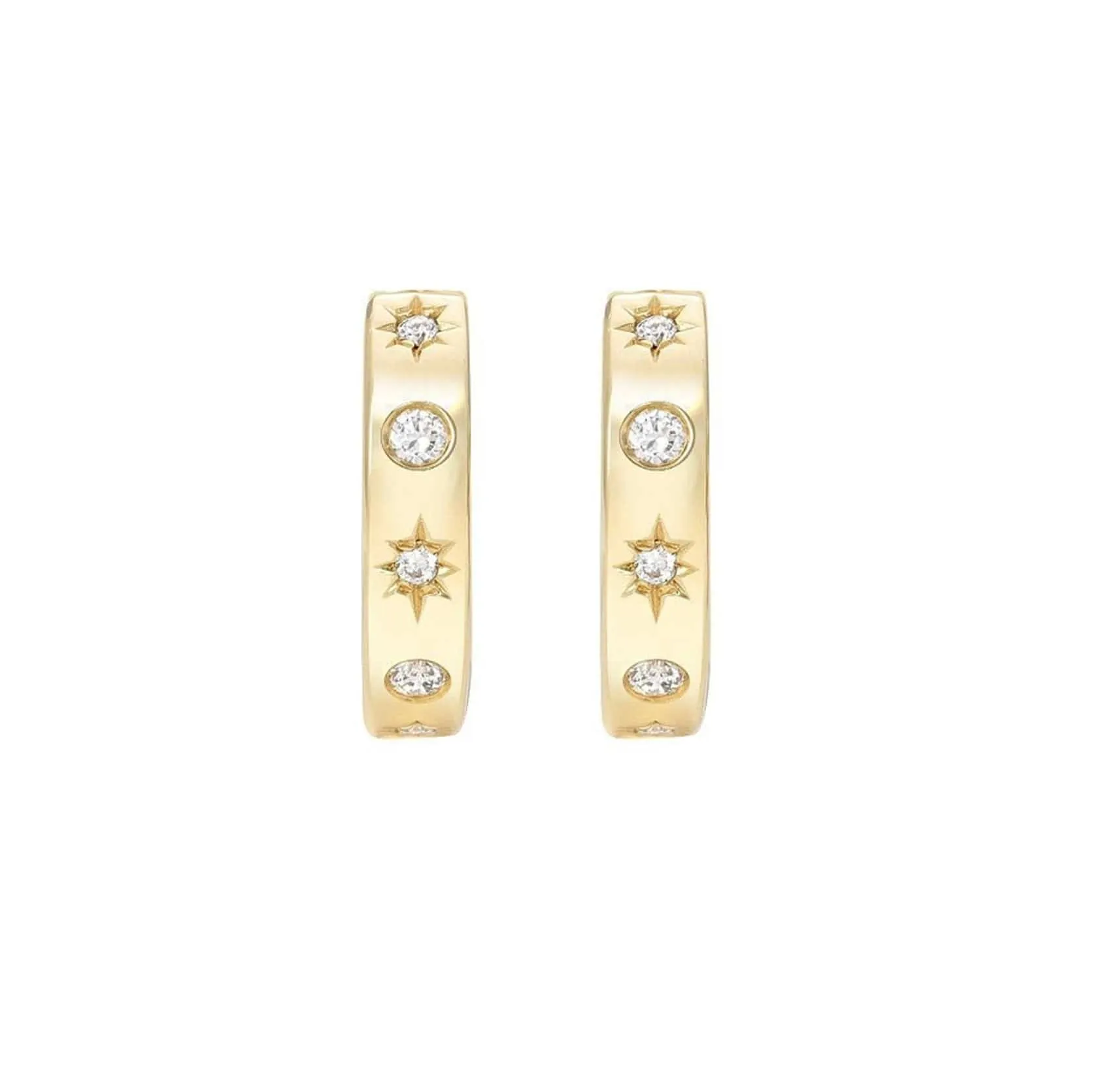 14K Gold Star Diamond Cosmos Huggie Hoops Earrings