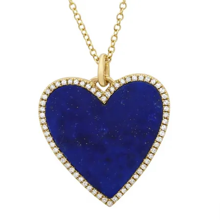 14K White Gold Diamond Lapis Large Heart Necklace