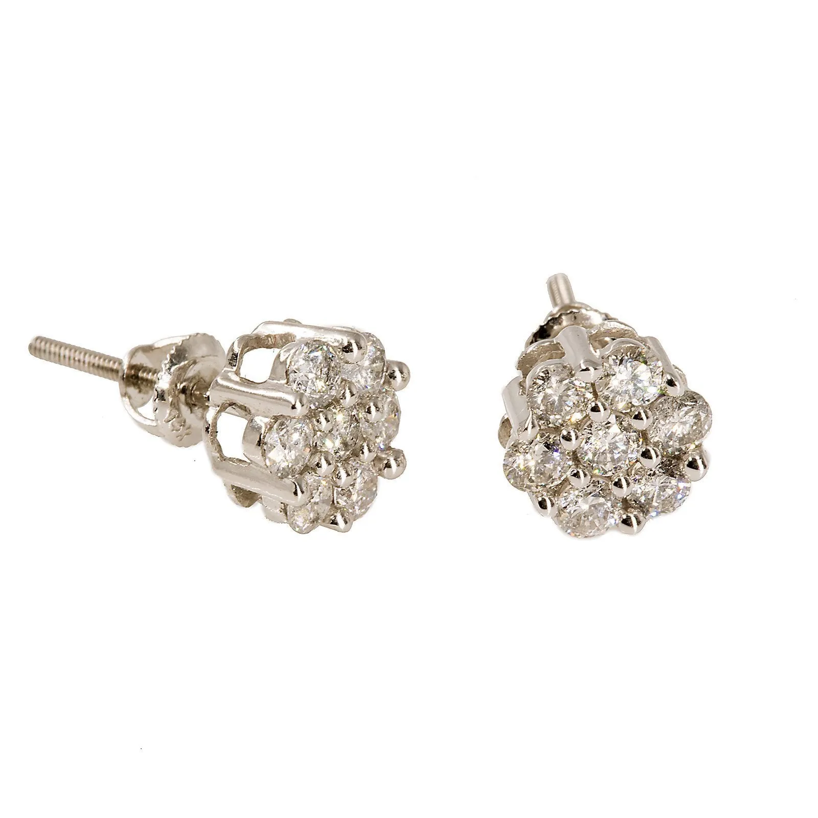 14K White Gold Diamond Stud Earrings W/ 1.0ct SI Diamonds & Cluster Flower