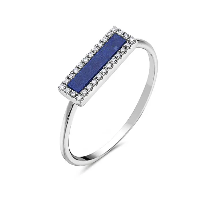 14K White Gold Rectangular Shape Lapis And Diamond Ring