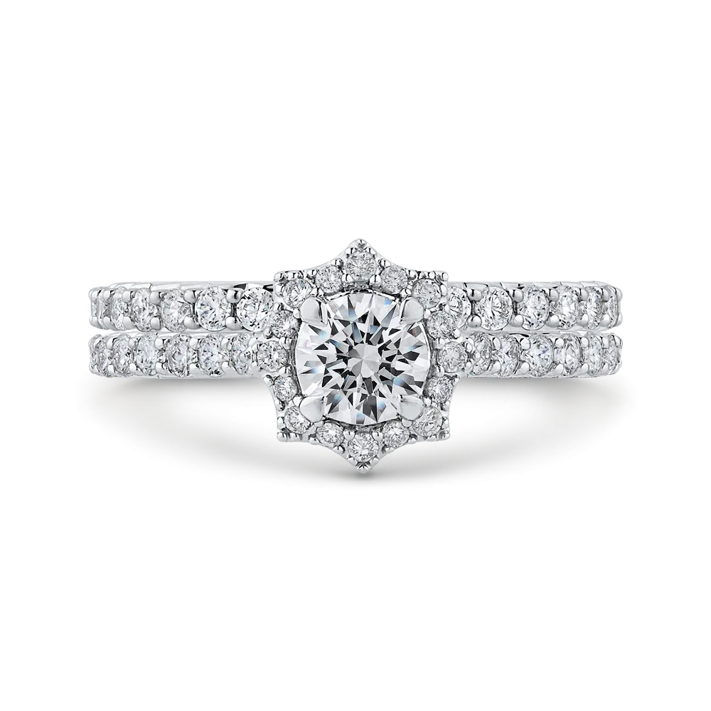 14K White Gold Round Diamond Floral Halo Engagement Ring