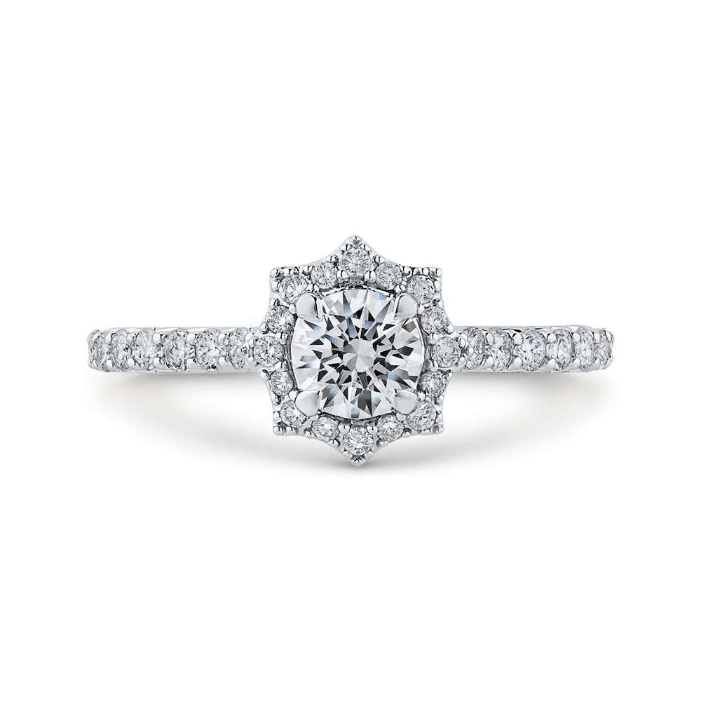 14K White Gold Round Diamond Floral Halo Engagement Ring