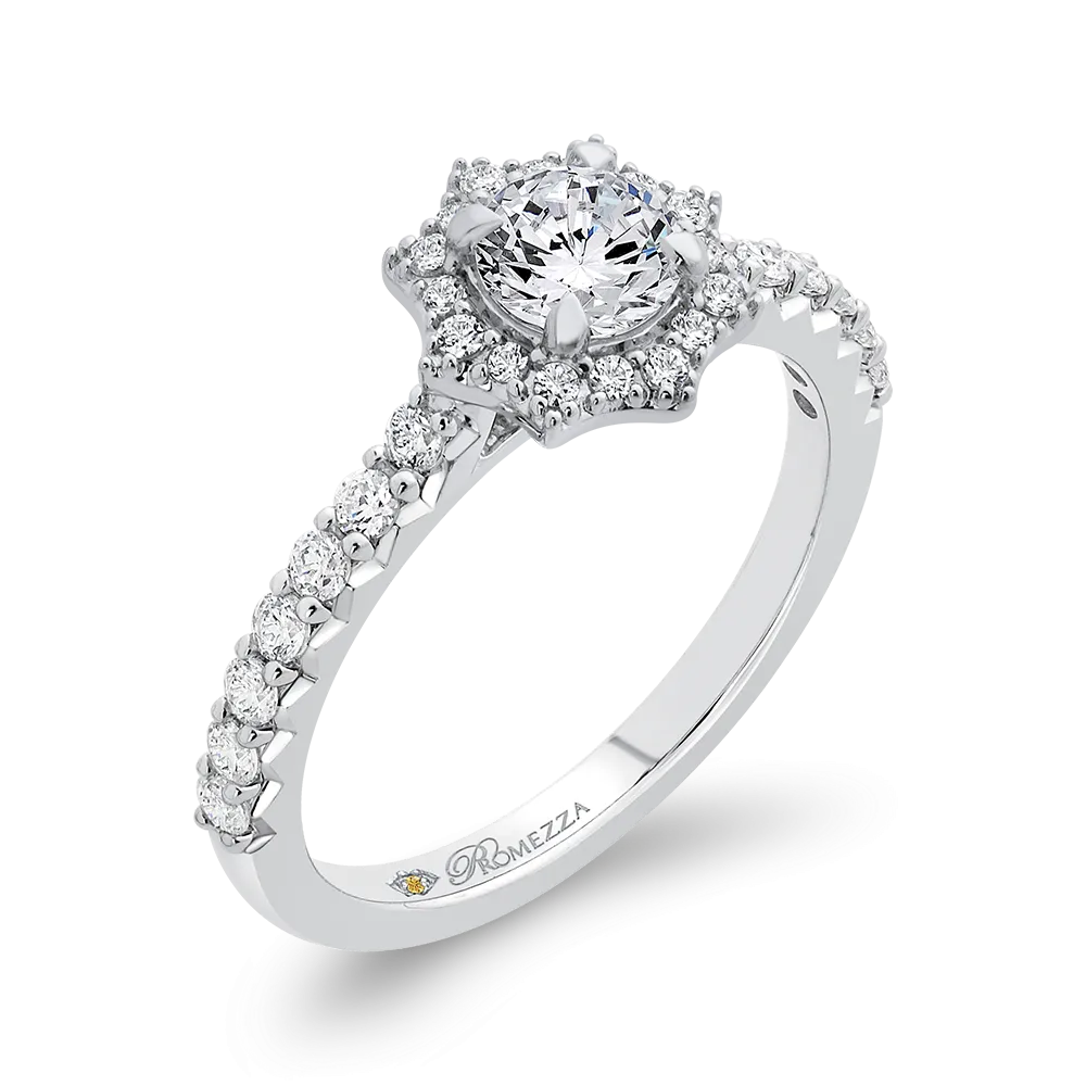 14K White Gold Round Diamond Floral Halo Engagement Ring