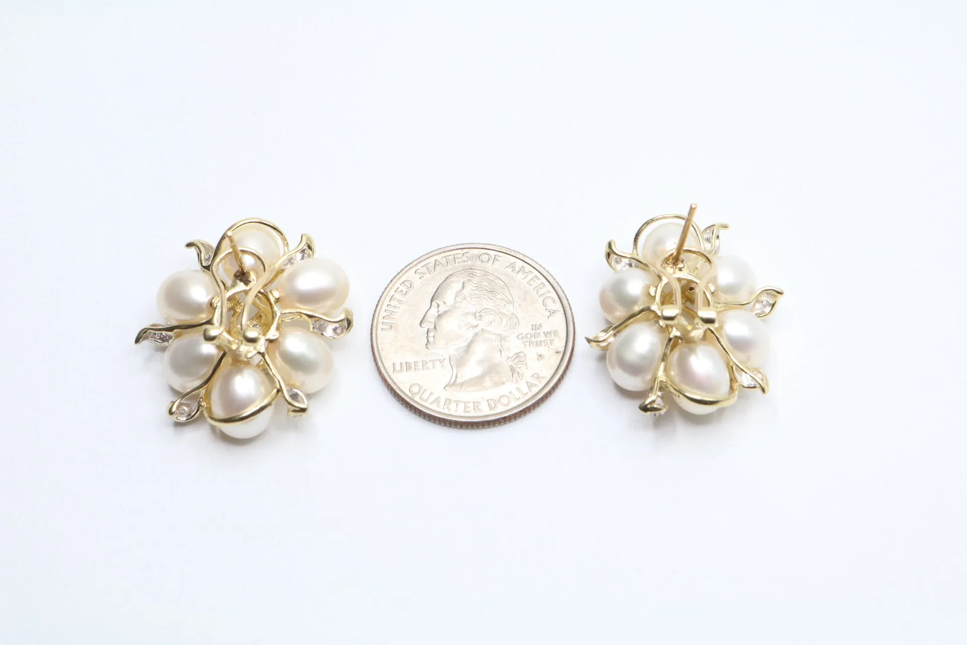 14K Yellow Gold Fancy Cluster Diamond Pearl Earrings (14 Grams)