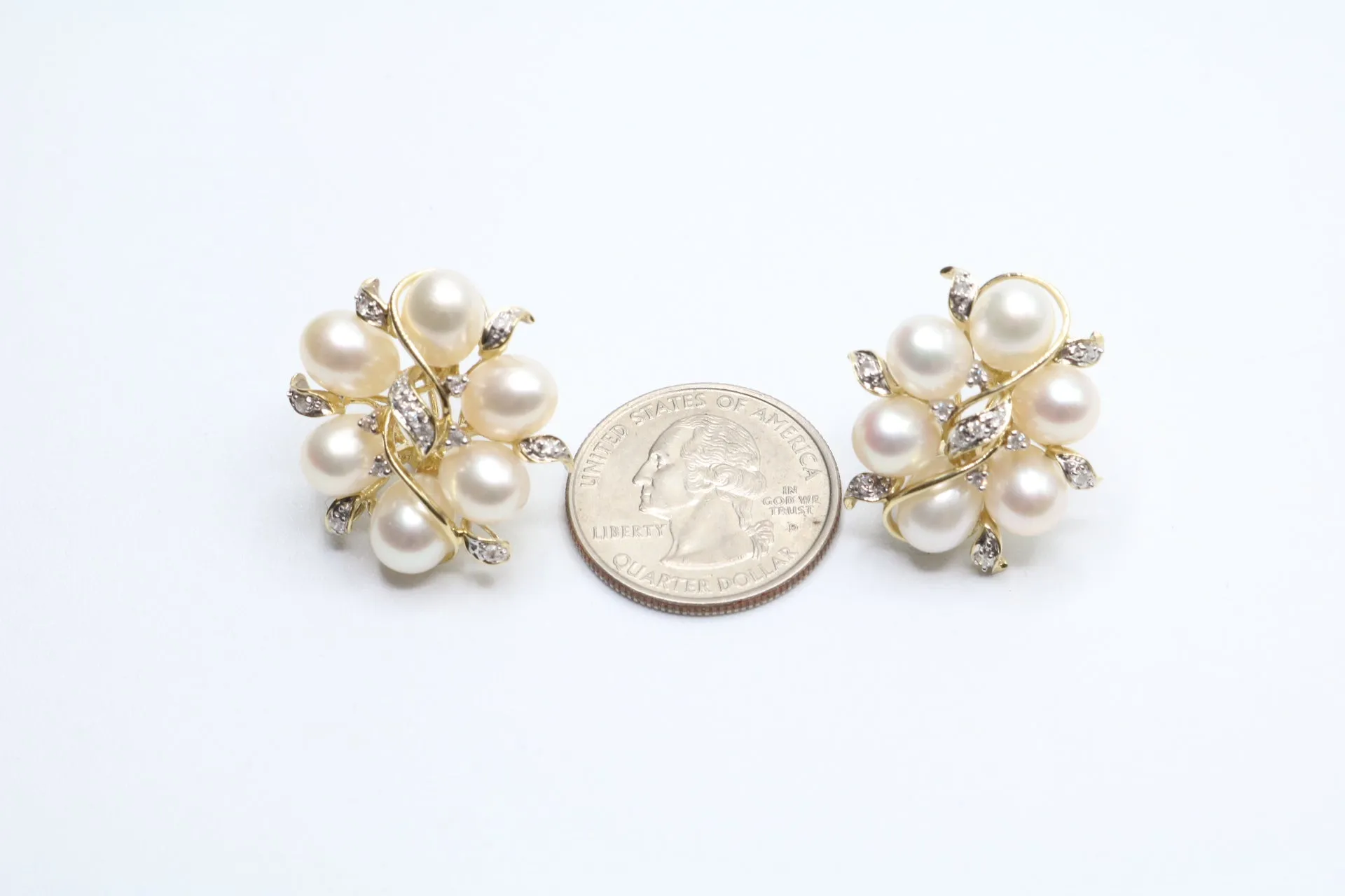 14K Yellow Gold Fancy Cluster Diamond Pearl Earrings (14 Grams)