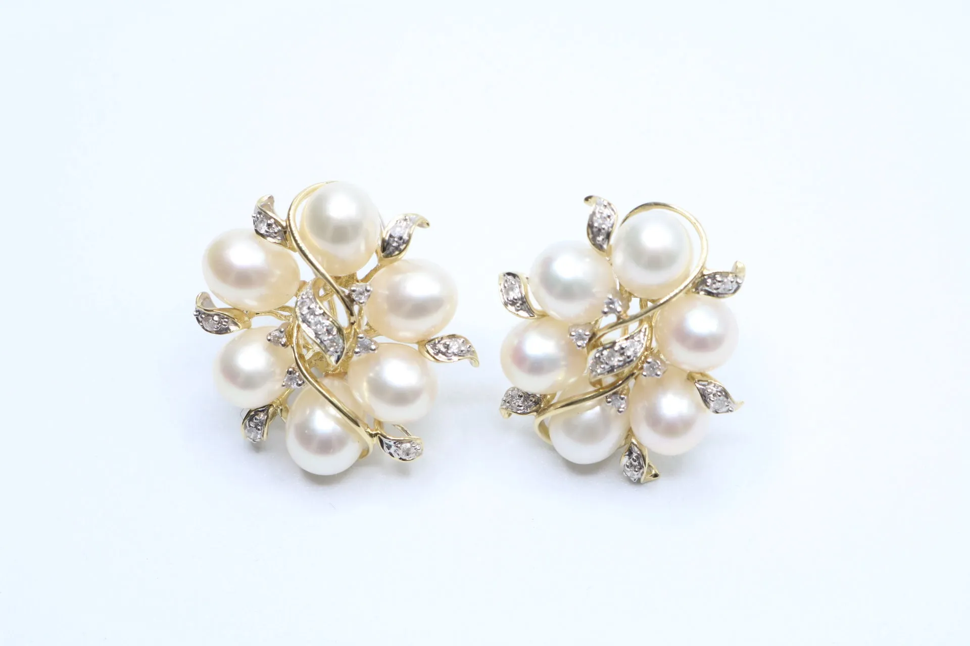 14K Yellow Gold Fancy Cluster Diamond Pearl Earrings (14 Grams)