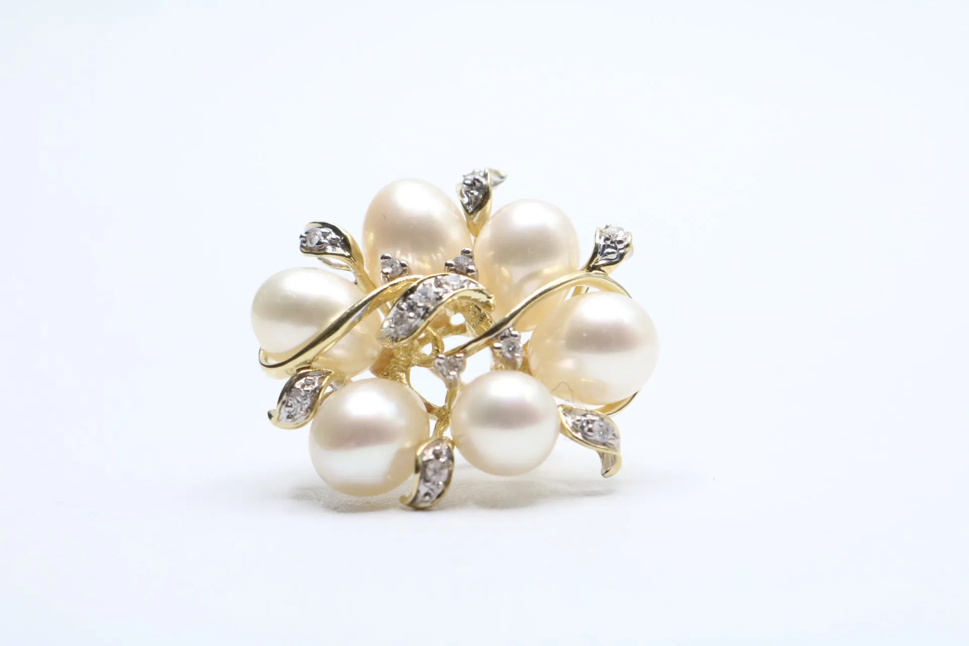 14K Yellow Gold Fancy Cluster Diamond Pearl Earrings (14 Grams)