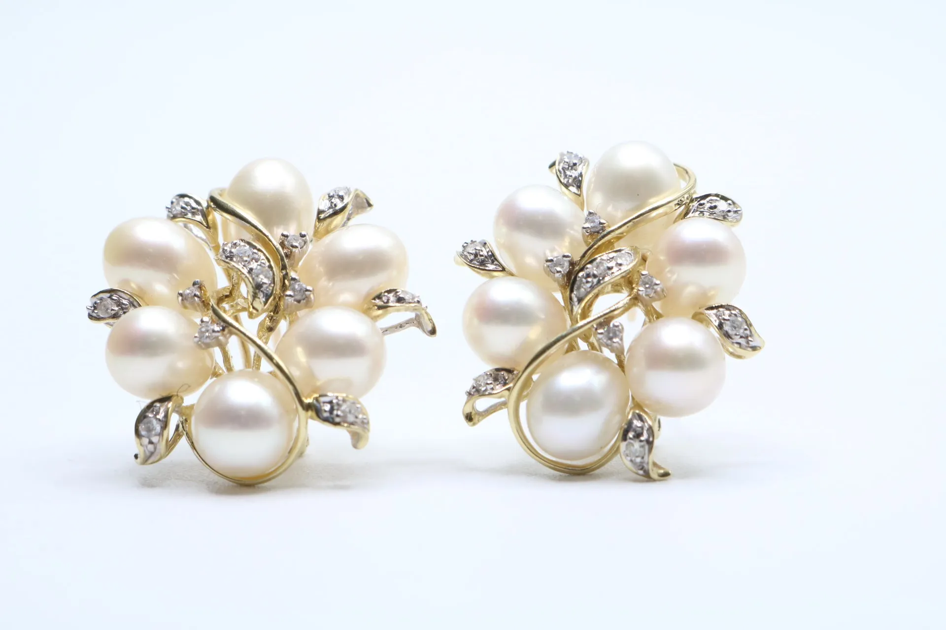 14K Yellow Gold Fancy Cluster Diamond Pearl Earrings (14 Grams)