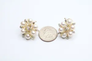 14K Yellow Gold Fancy Cluster Diamond Pearl Earrings (14 Grams)