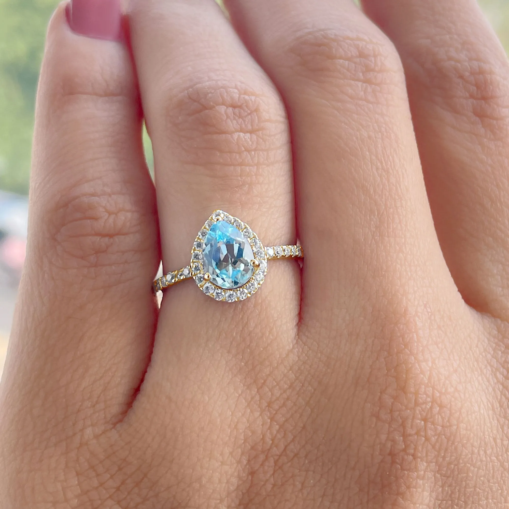 1.5 CT Sky Blue Topaz Teardrop Engagement Ring with Diamond Halo