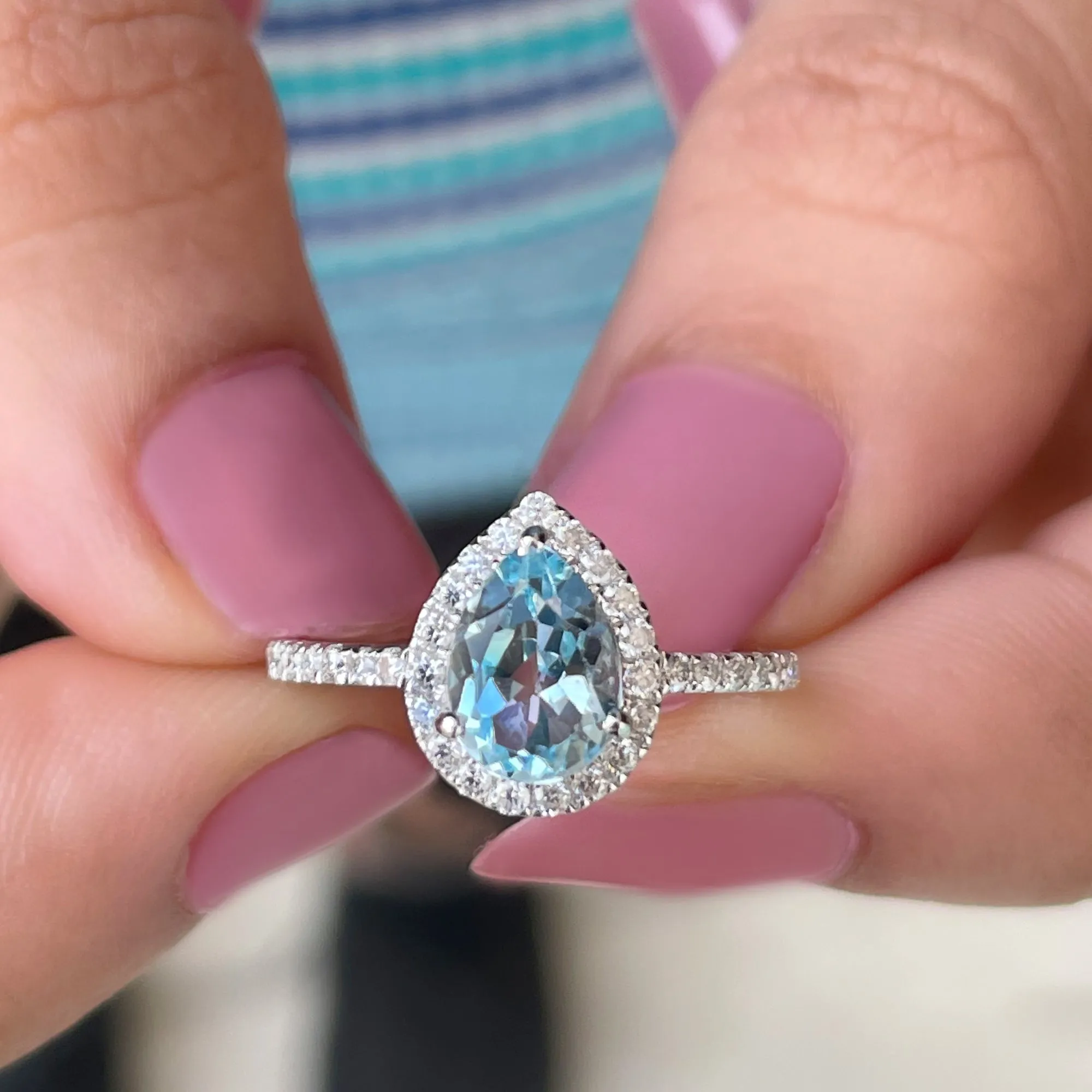 1.5 CT Sky Blue Topaz Teardrop Engagement Ring with Diamond Halo