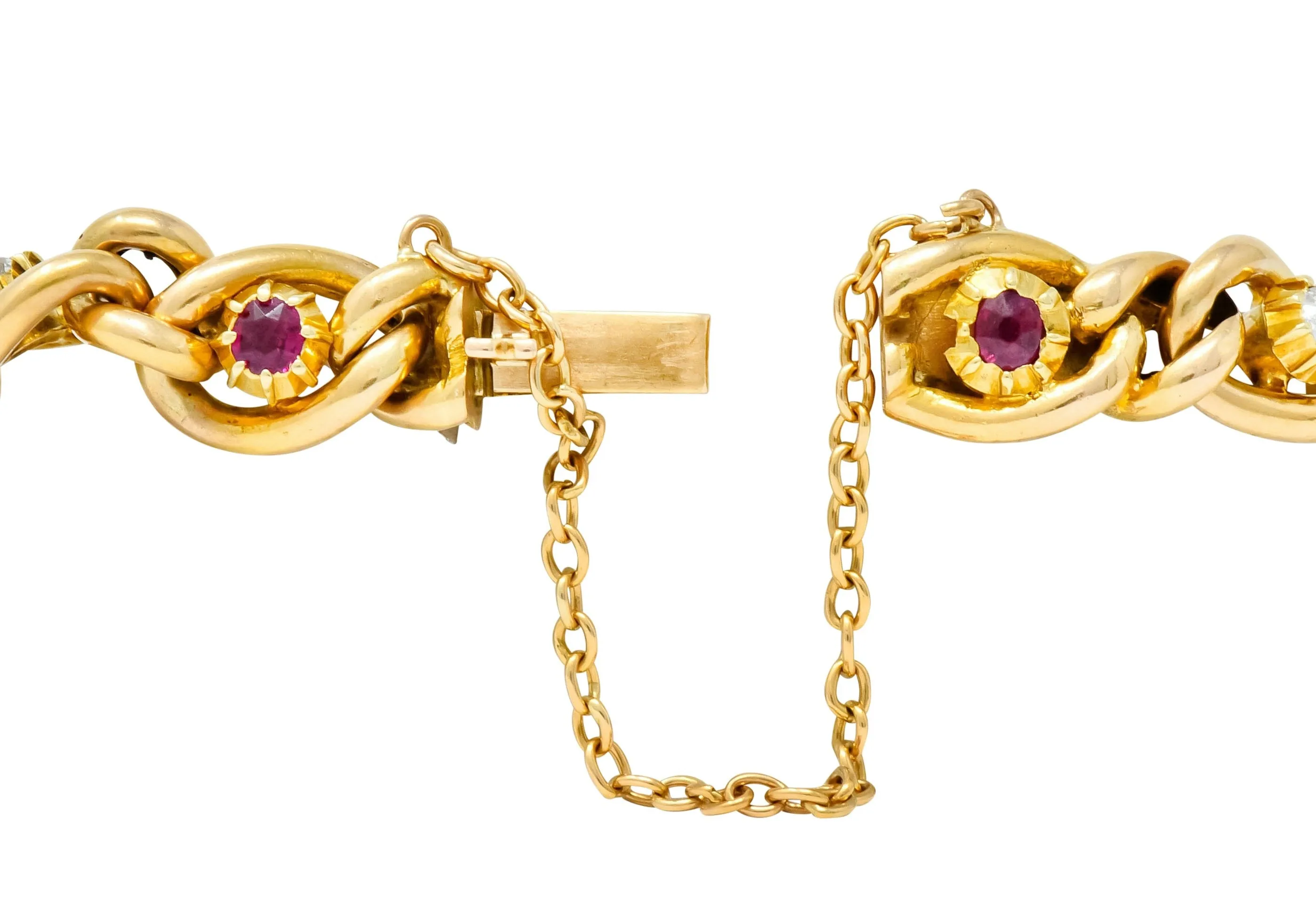 1890s Victorian 1.52 CTW Ruby Diamond 15 Karat Gold Link Bracelet