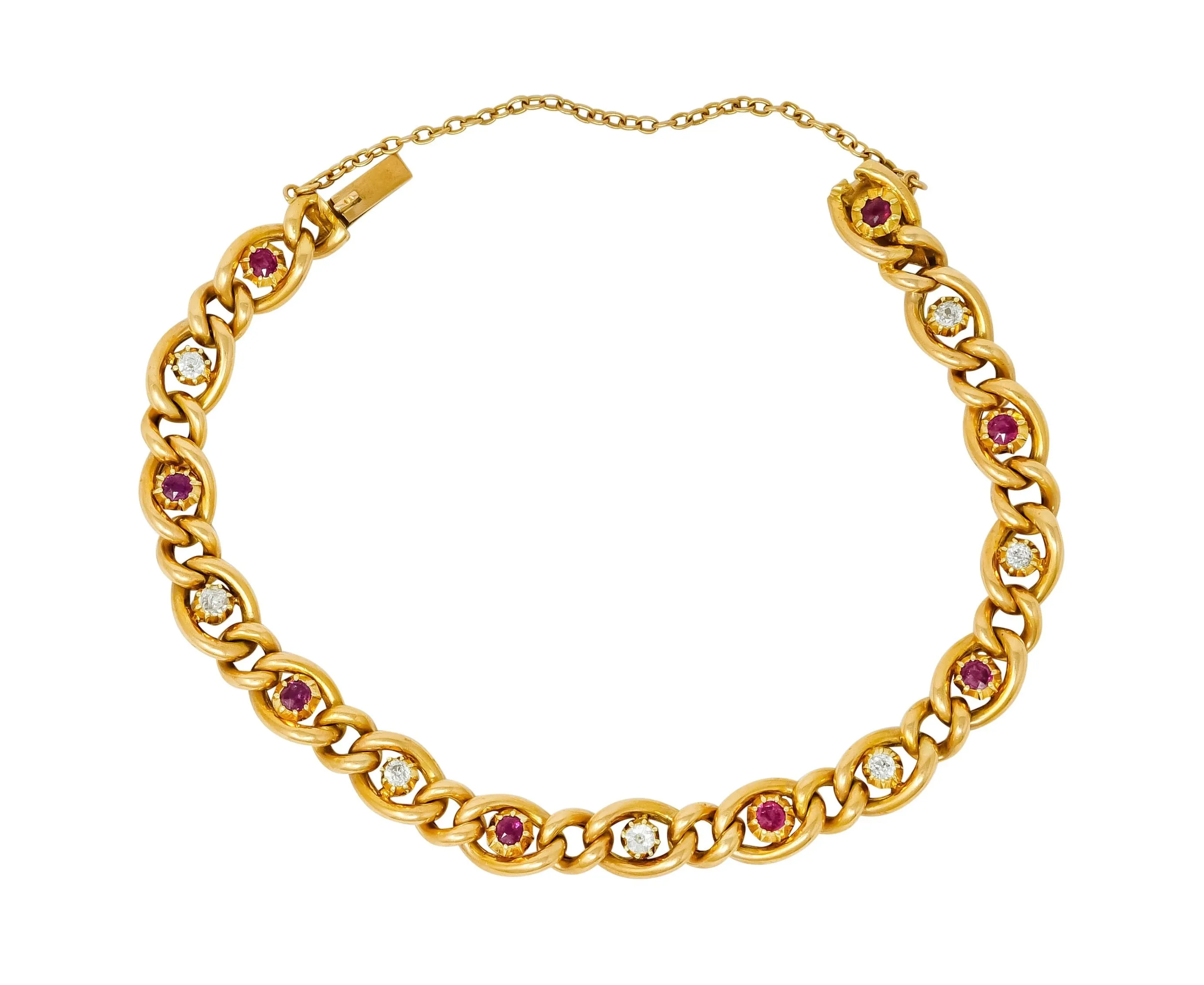 1890s Victorian 1.52 CTW Ruby Diamond 15 Karat Gold Link Bracelet