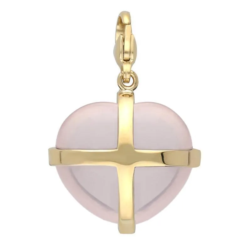 18ct Rose Gold Rose Quartz Large Cross Heart Charm