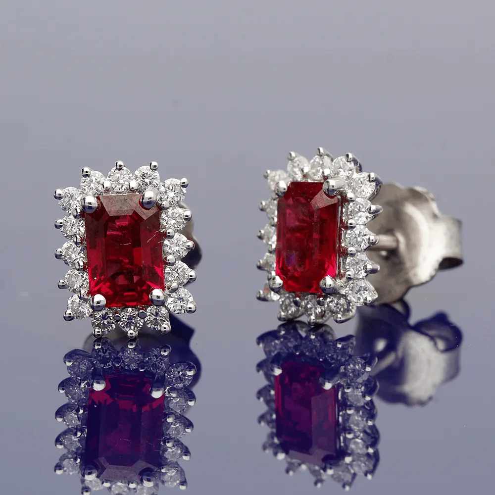 18ct White Gold Emerald Cut Ruby & Diamond Cluster Earring