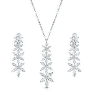 18ct White Gold Marquise Cut Diamond Flower Pendant & Earrings