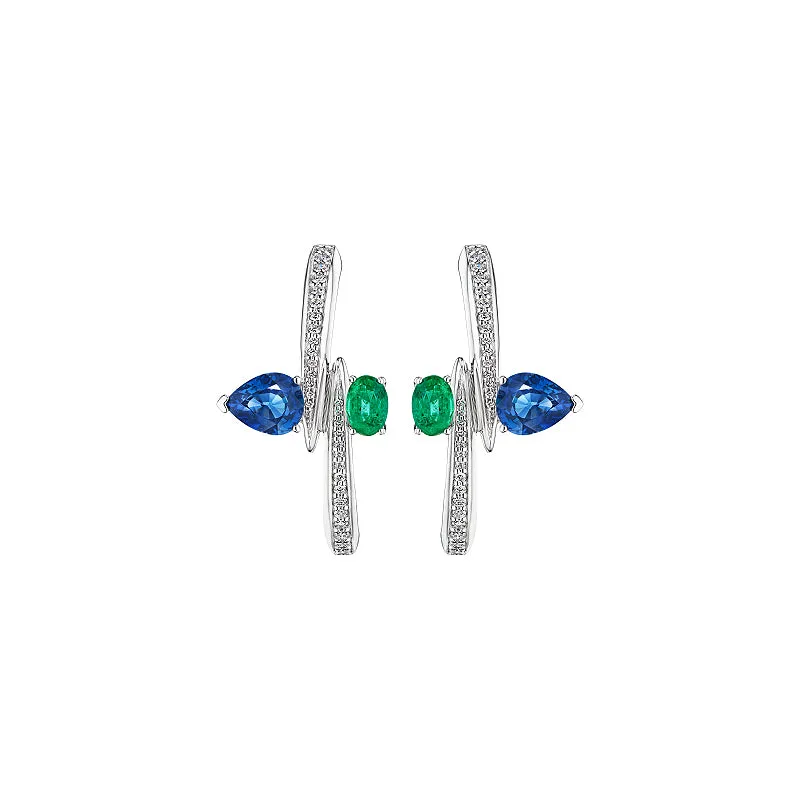 18k Amazonia (cocar) White Gold Earring With 0.45 Cts Vs-Gh Diamonds  And Sapphire And Emerald