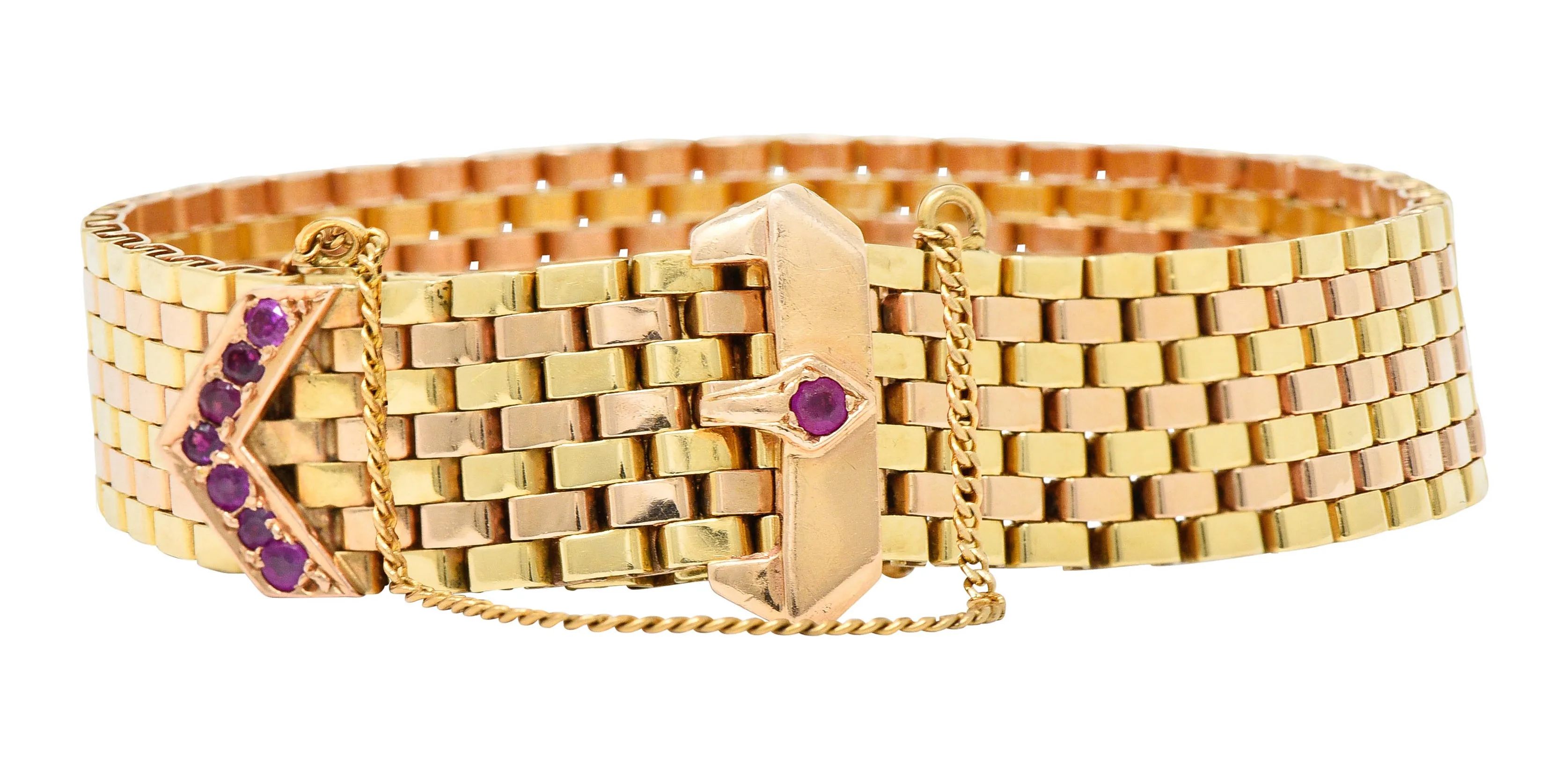 1940's Retro Ruby 14 Karat Two-Tone Gold Buckle Bracelet