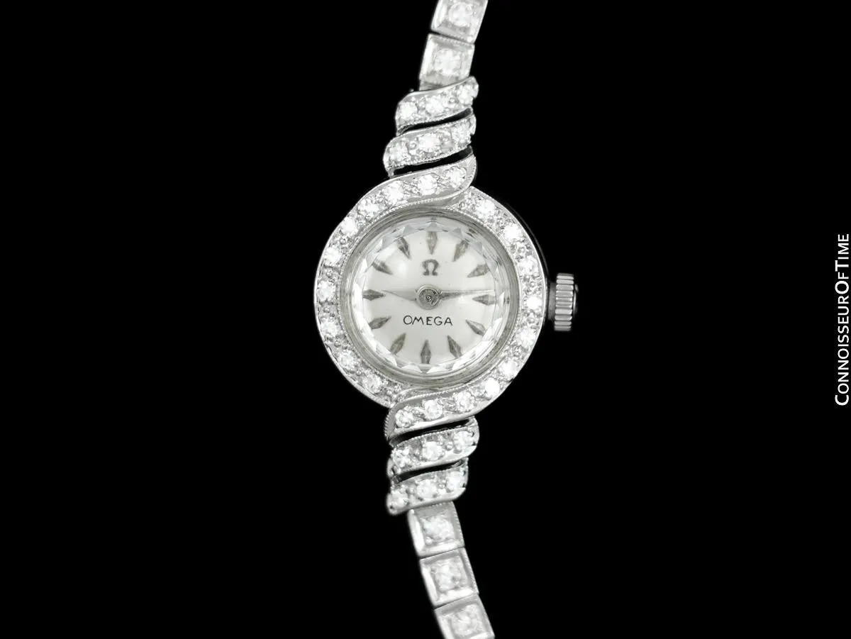 1959 Omega Vintage Ladies Bracelet Watch - 14K White Gold & Factory Diamonds