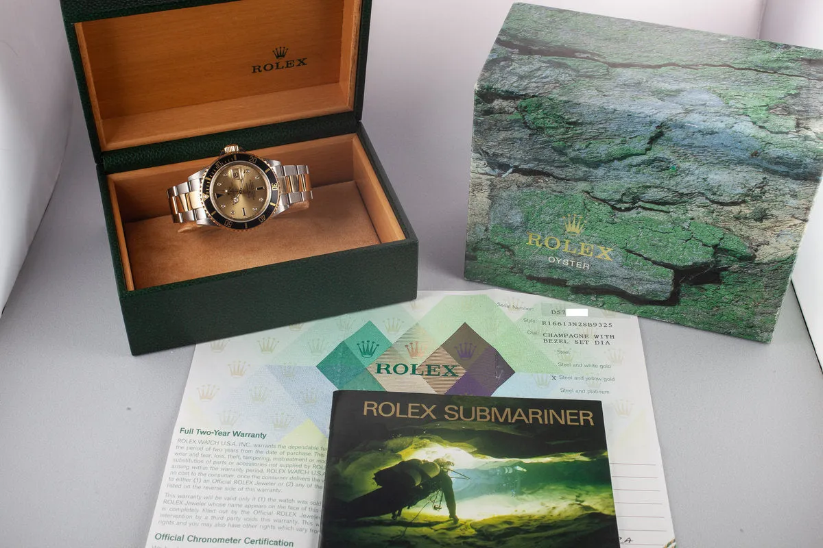 2005 Rolex Two-Tone Submariner 16613 Champagne Serti Dial with Box and Papers