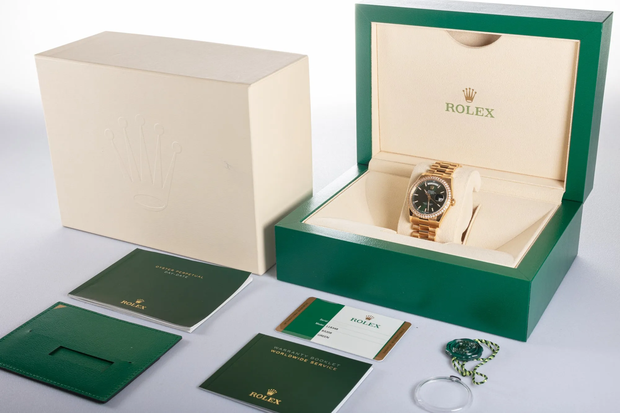 2017 Rolex Day-Date 118348 with Green Dial & Diamond Bezel w/ Box & Card