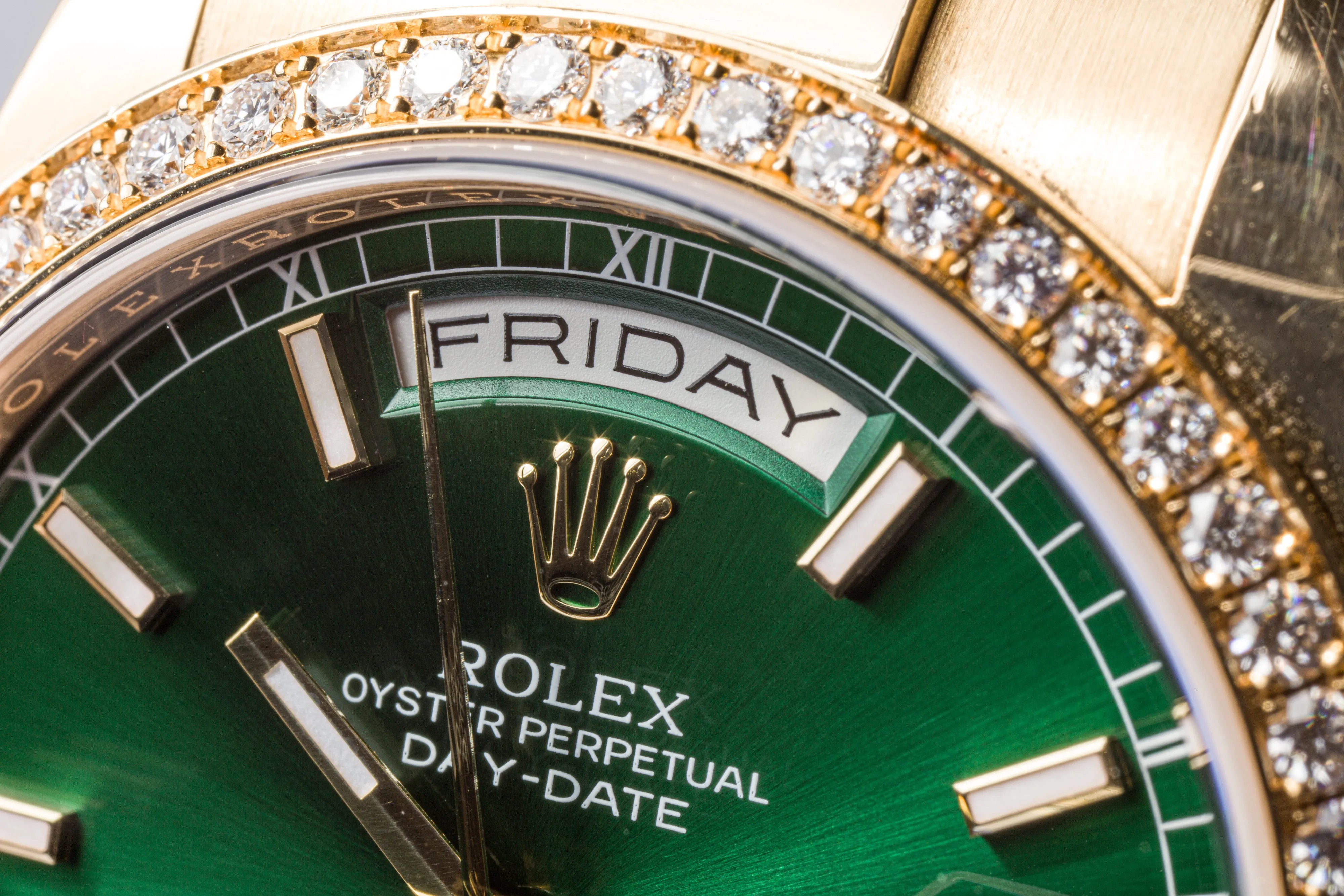 2017 Rolex Day-Date 118348 with Green Dial & Diamond Bezel w/ Box & Card