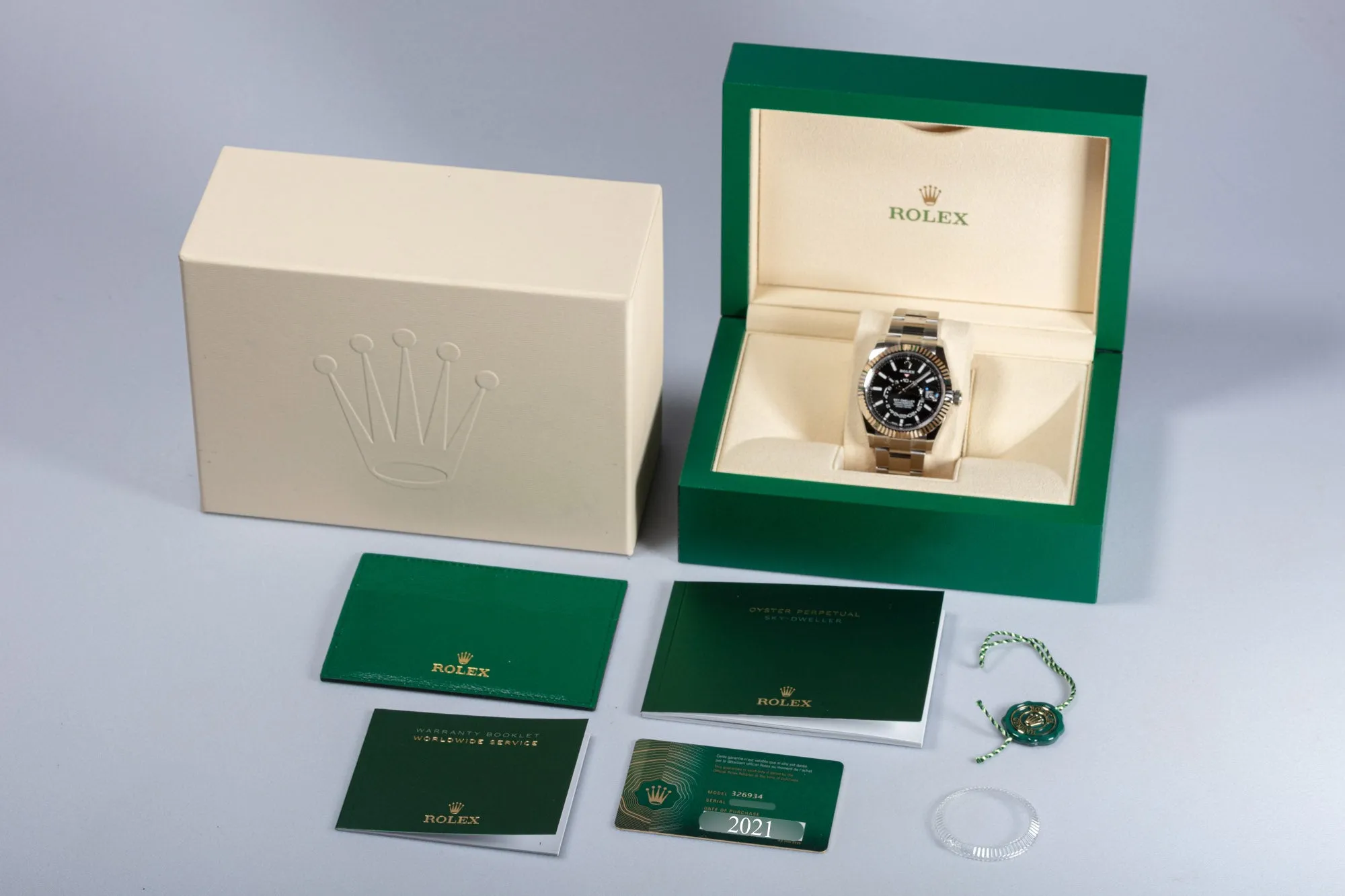 2021 Rolex Sky-Dweller 326934 Black Dial Box, Card, Chrontag & Booklet