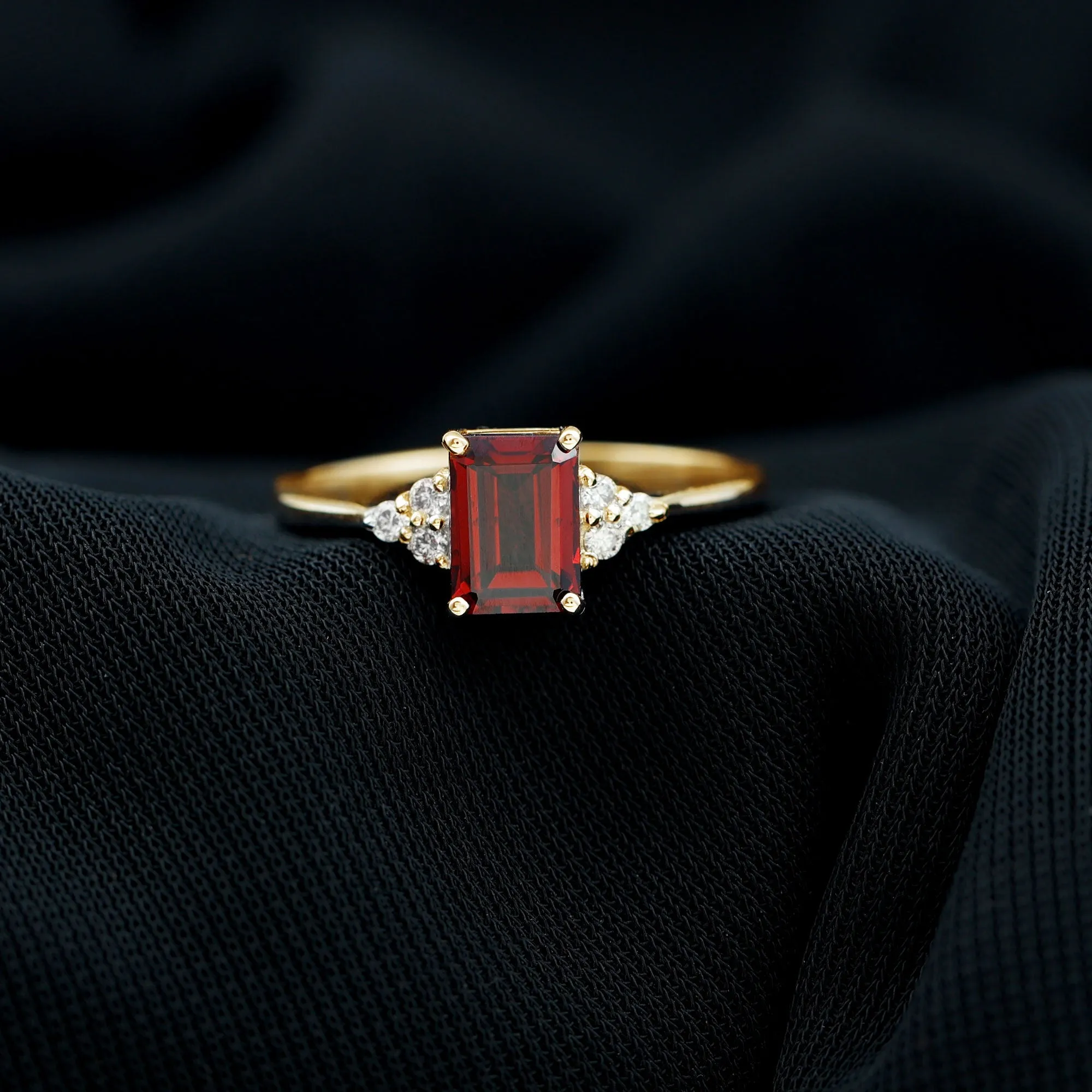 2.5 CT Emerald Cut Garnet Solitaire Engagement Ring with Diamond Trio