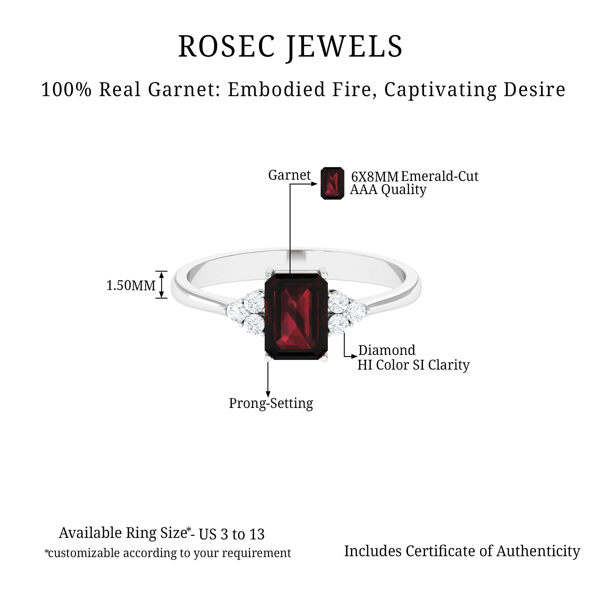 2.5 CT Emerald Cut Garnet Solitaire Engagement Ring with Diamond Trio