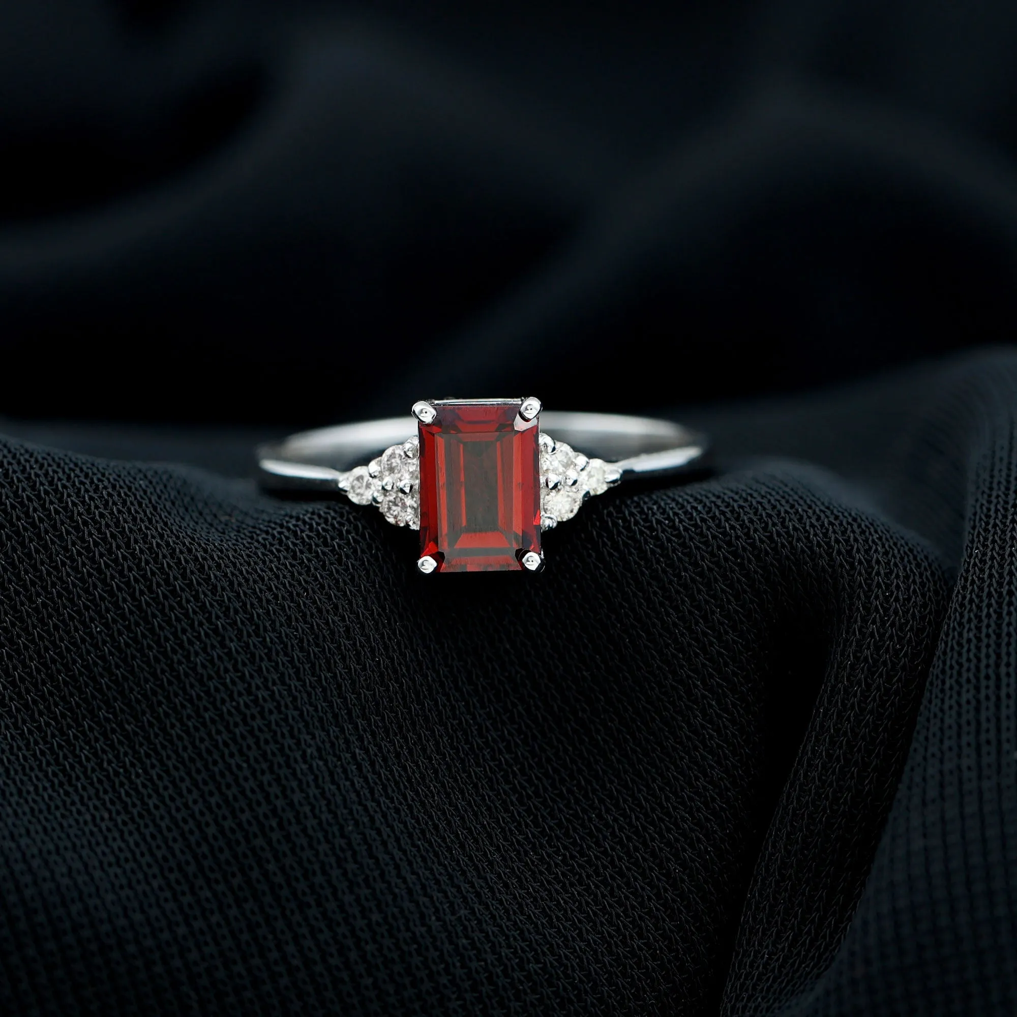 2.5 CT Emerald Cut Garnet Solitaire Engagement Ring with Diamond Trio