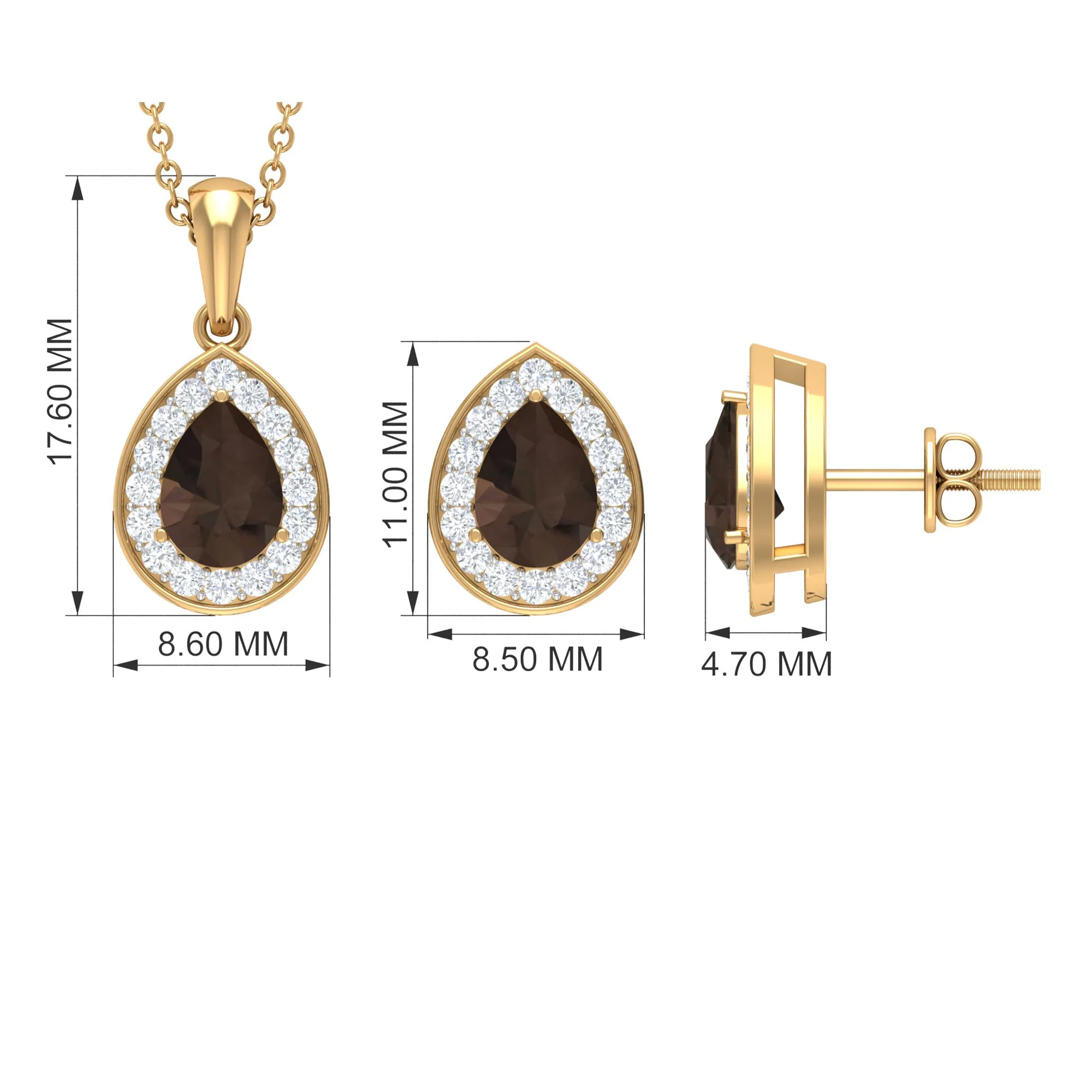 2.75 CT Pear Cut Smoky Quartz Teardrop jewelry Set with Moissanite Accent