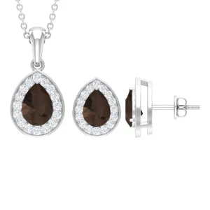 2.75 CT Pear Cut Smoky Quartz Teardrop jewelry Set with Moissanite Accent