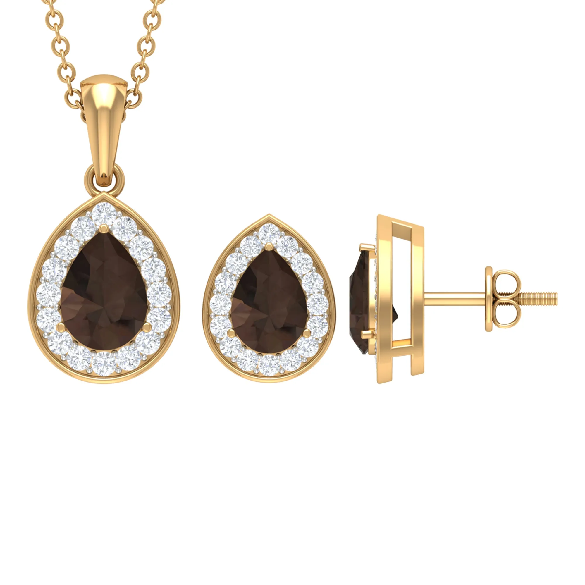 2.75 CT Pear Cut Smoky Quartz Teardrop jewelry Set with Moissanite Accent