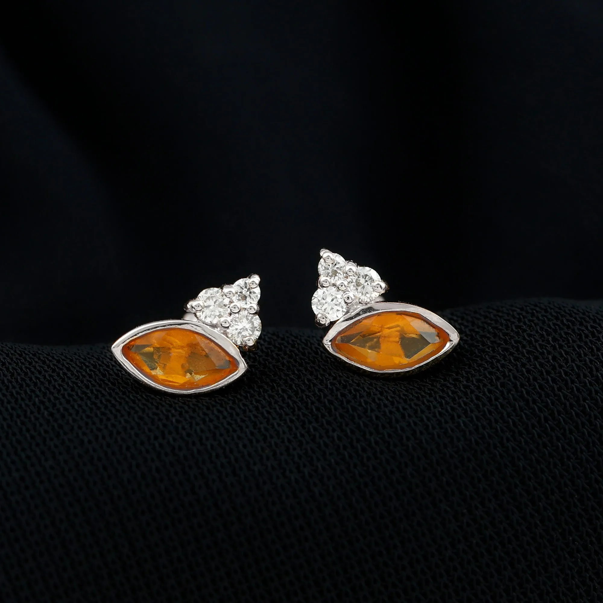 3/4 CT Marquise Cut Fire Opal Stud Earrings with Diamond Trio