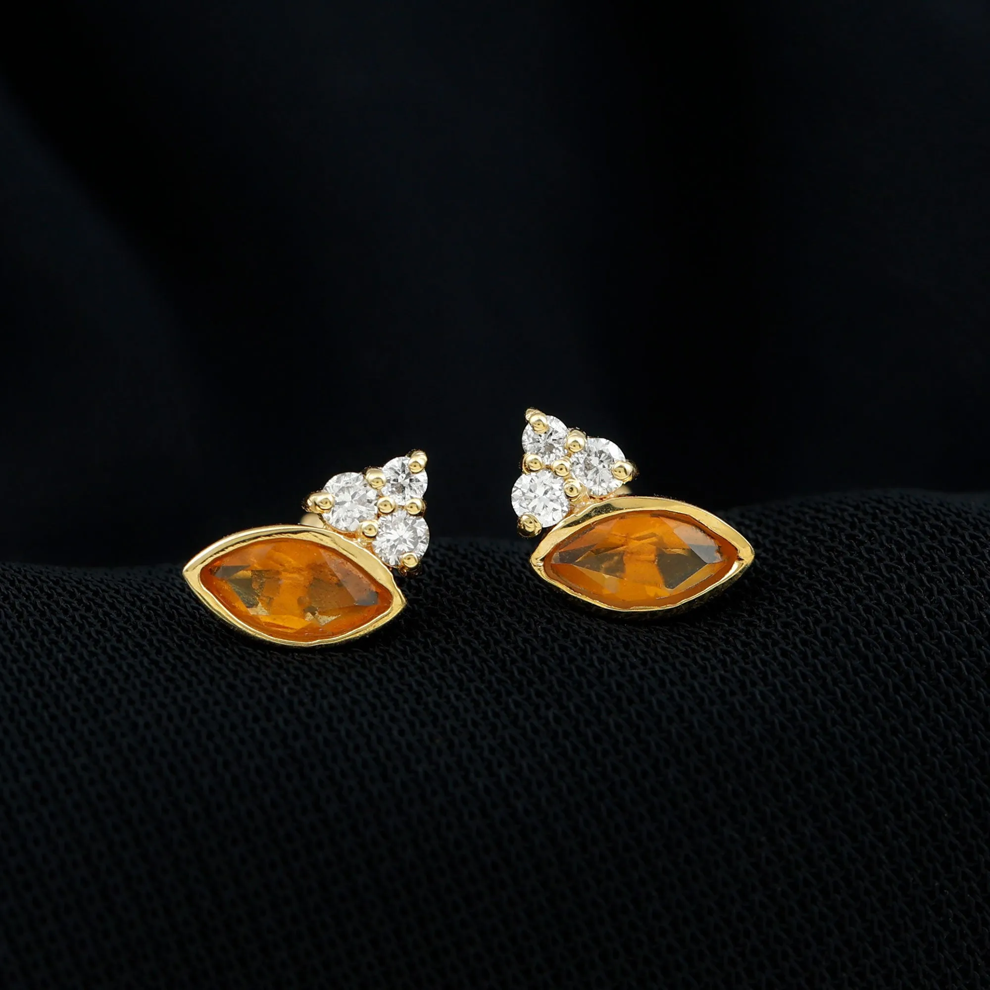 3/4 CT Marquise Cut Fire Opal Stud Earrings with Diamond Trio