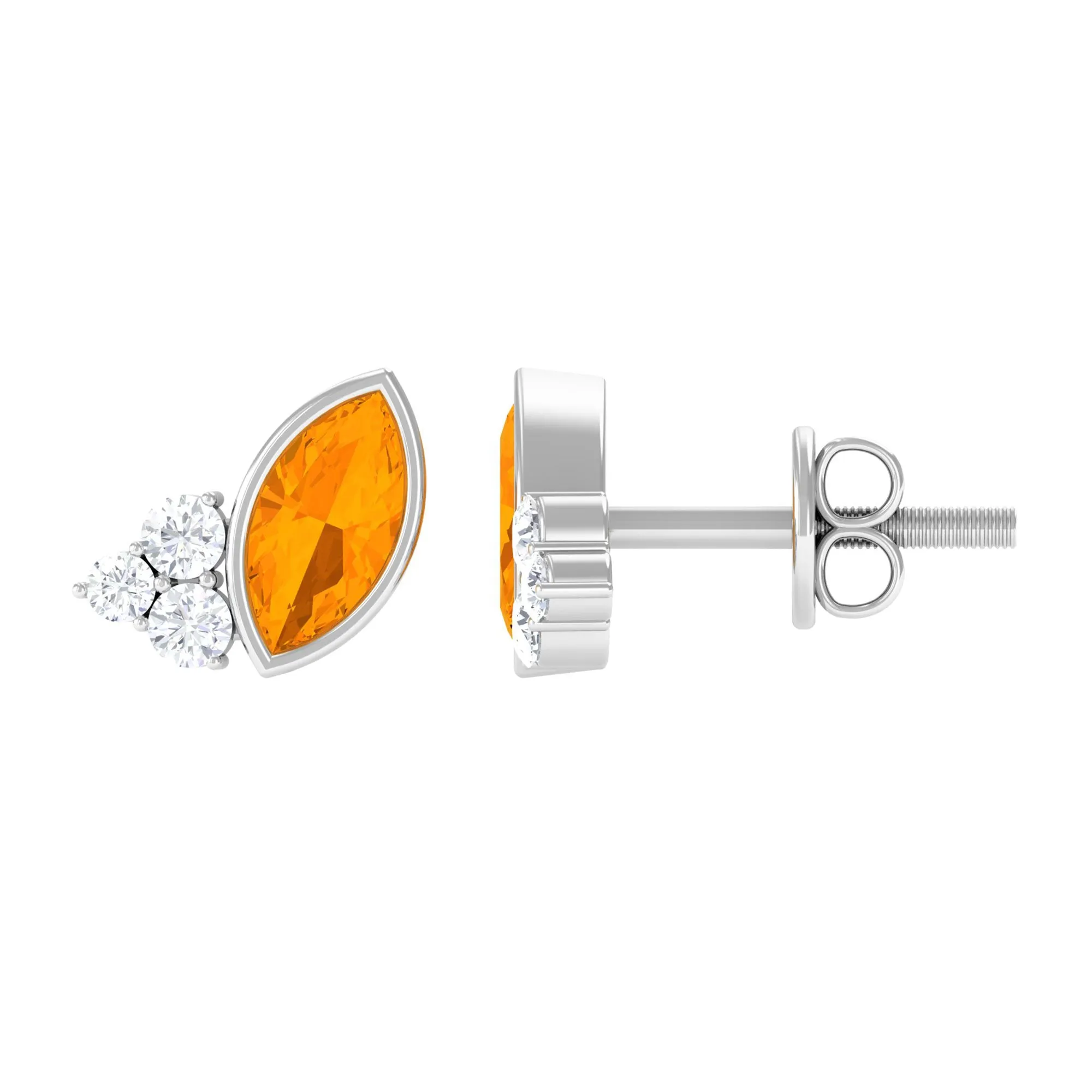 3/4 CT Marquise Cut Fire Opal Stud Earrings with Diamond Trio