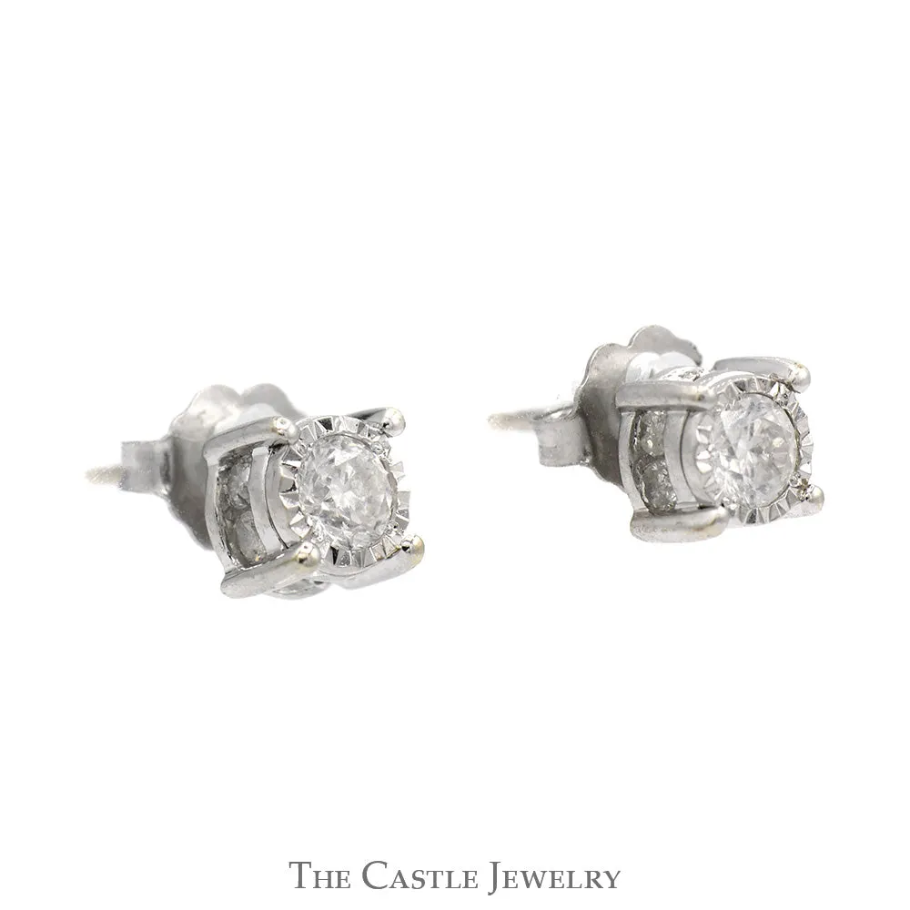 3/4cttw Illusion Set Diamond Stud Earrings with Channel Set Diamond Accents in 10k White Gold