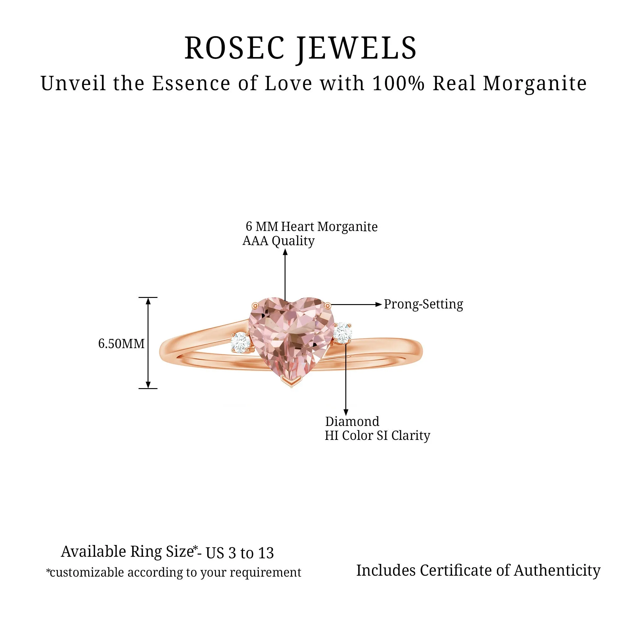 6 MM Heart Shape Morganite Solitaire Promise Ring with Diamond