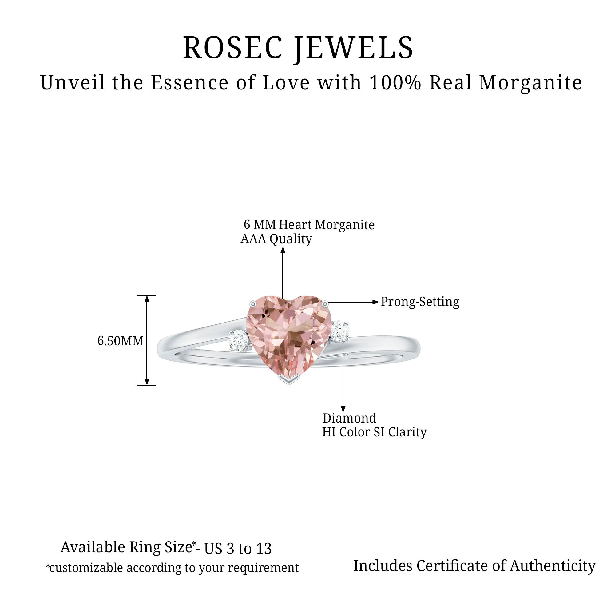 6 MM Heart Shape Morganite Solitaire Promise Ring with Diamond