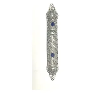 925 Sterling Silver Yemenite Filigree Lapis Lazuli / Garnet Mezuzah 3.75" Kosher Parchment included