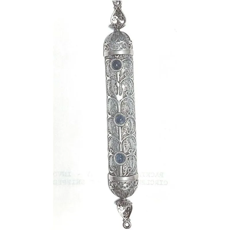 925 Sterling Silver Yemenite Filigree Lapis Lazuli Mezuzah $50 Kosher Parchment Included