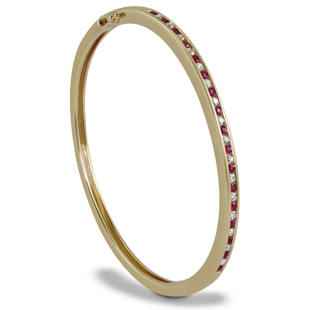 9ct Yellow Gold 0.45ct Diamond & 0.88ct Ruby Hinged Bangle