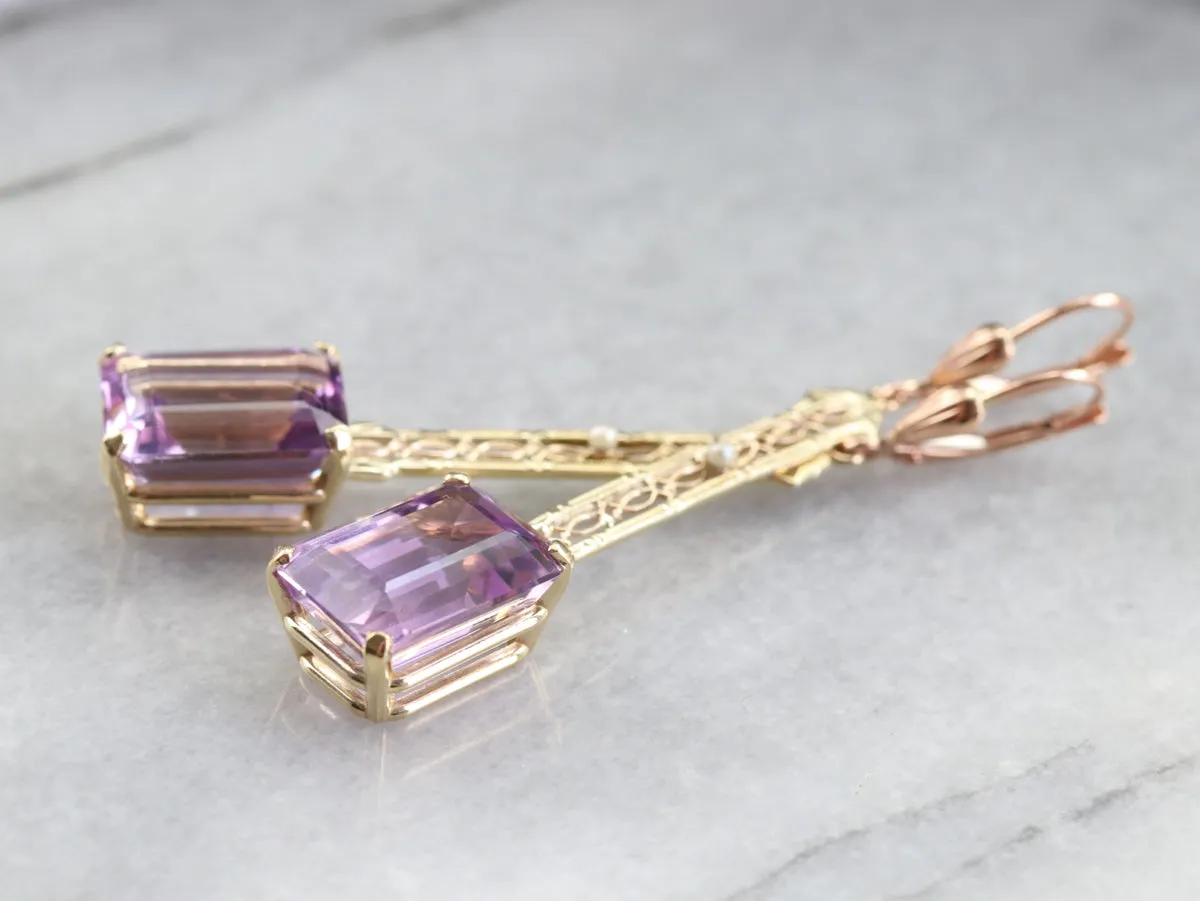 Amethyst and Seed Pearl Drop Earrings