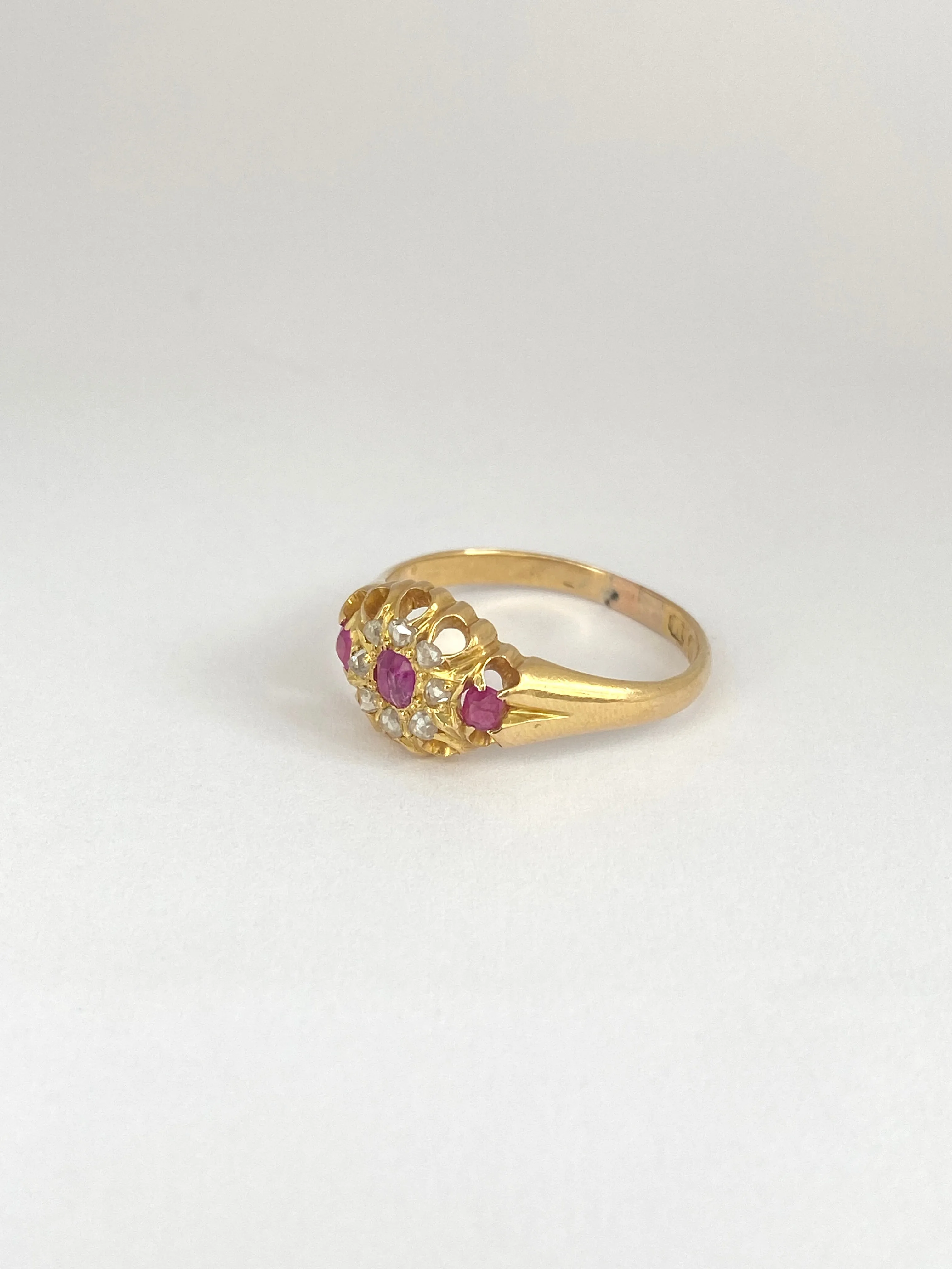 Antique 18ct Gold Ruby and Rose Cut Diamond Flower Ring, Hallmarked 18ct Gold